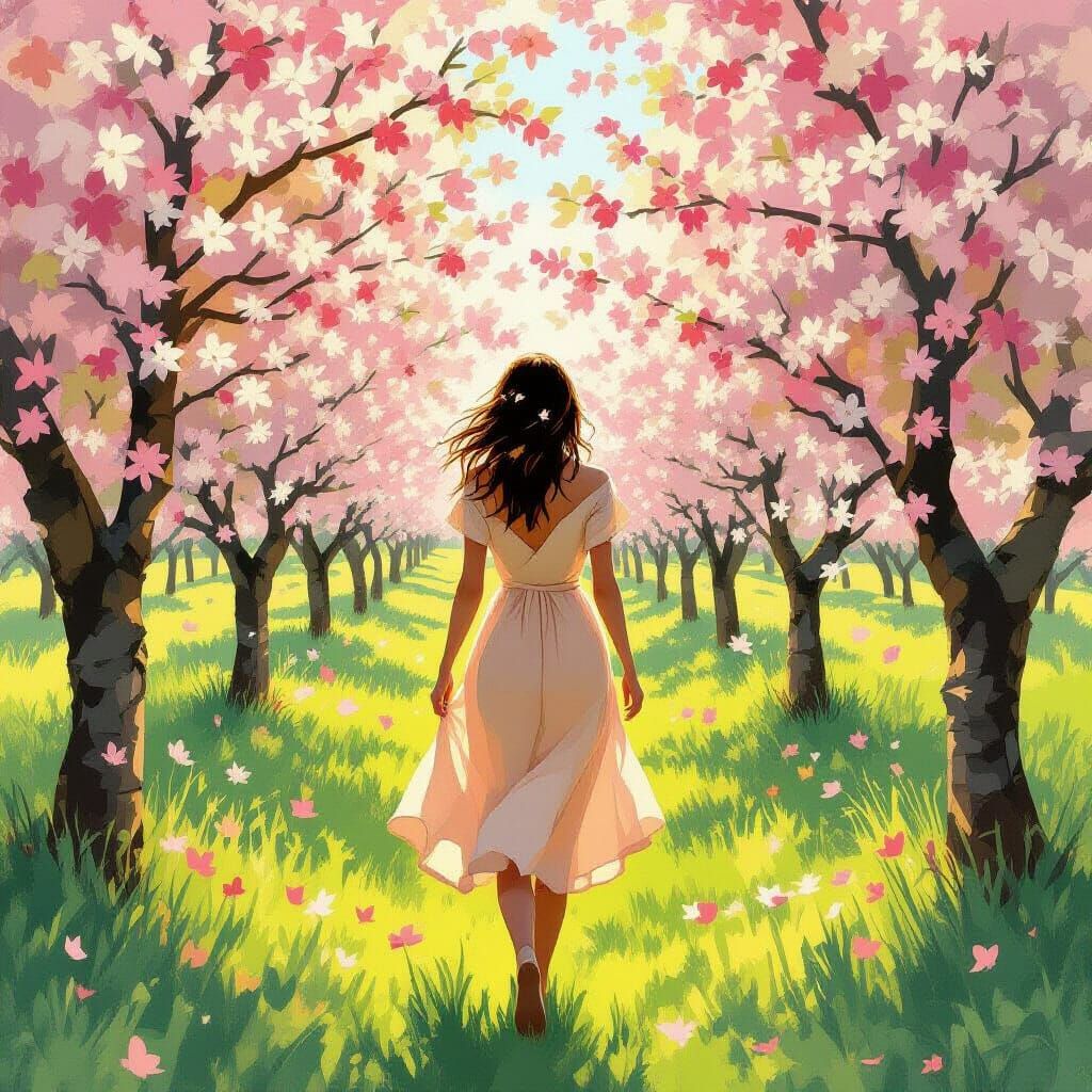 Woman in Peach Dress Under Apple Blossoms