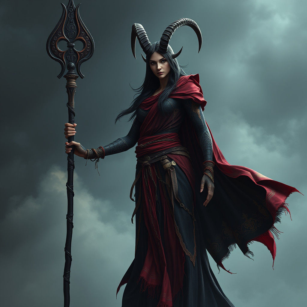 Crimson Goat-Woman with Black Staff, in Dark Fantasy Style