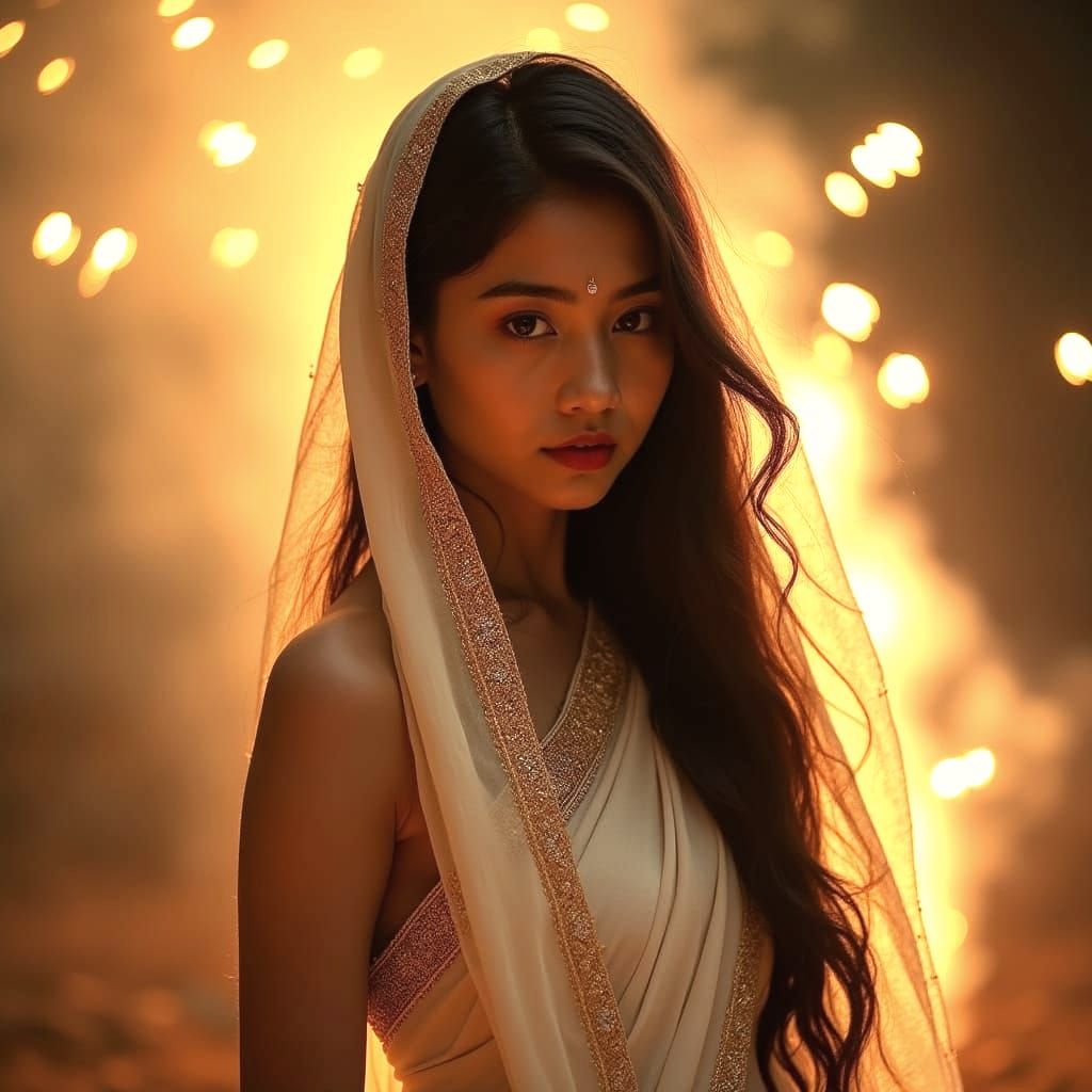 Elegant Laotian Woman in Traditional White Sari