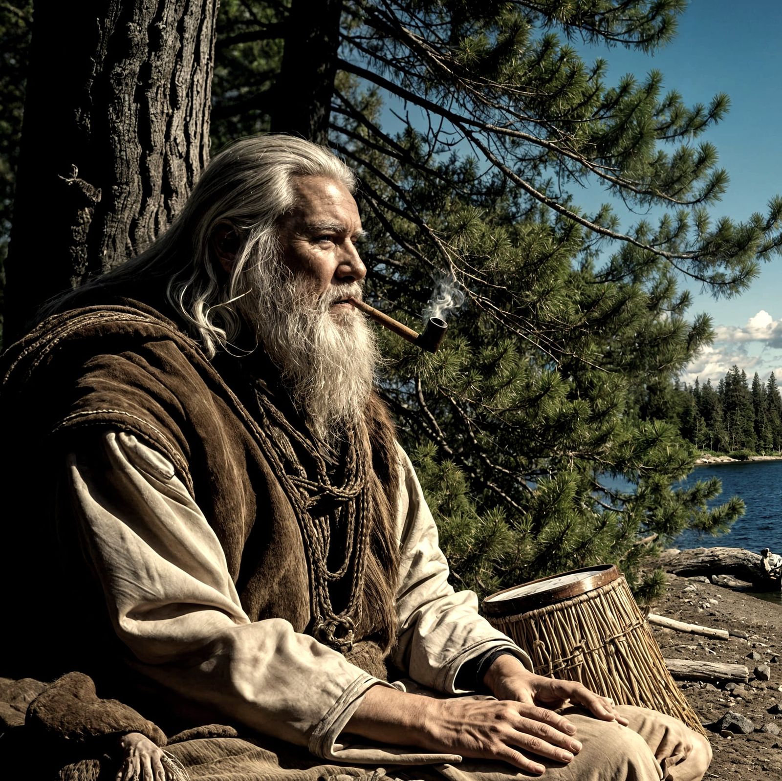 A Respected Nordic Shaman in a Serene Landscape