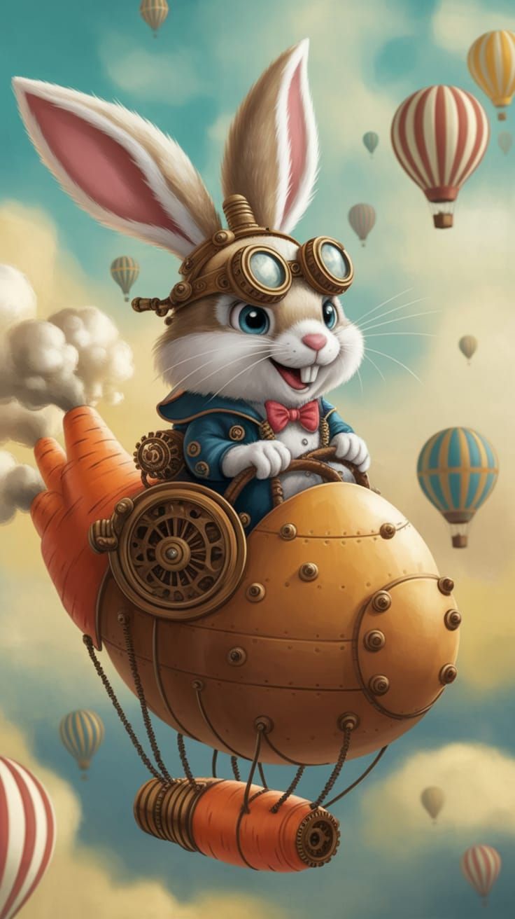Steampunk Bunny Pilots Whimsical Airship