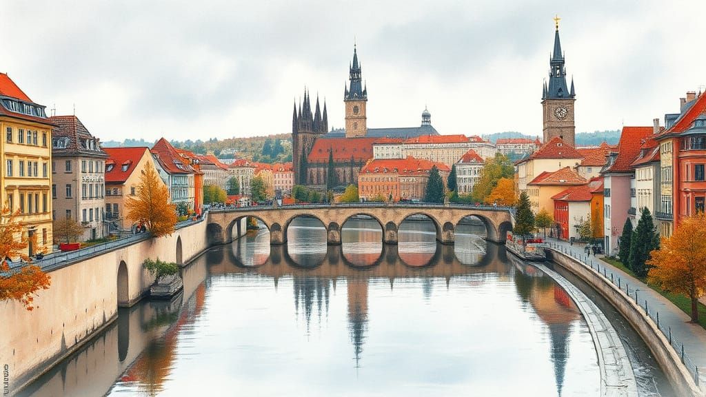 Whimsical Prague Cityscape in Expressive Watercolors
