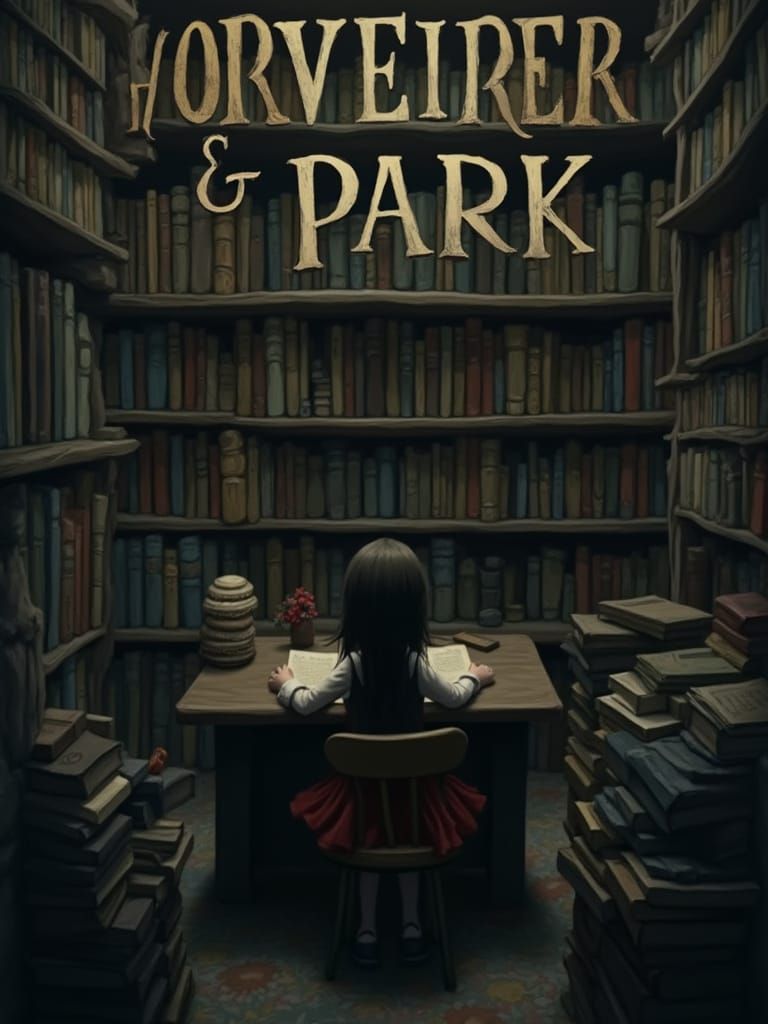 Girl Reading in Cozy Library, Whimsical Illustration