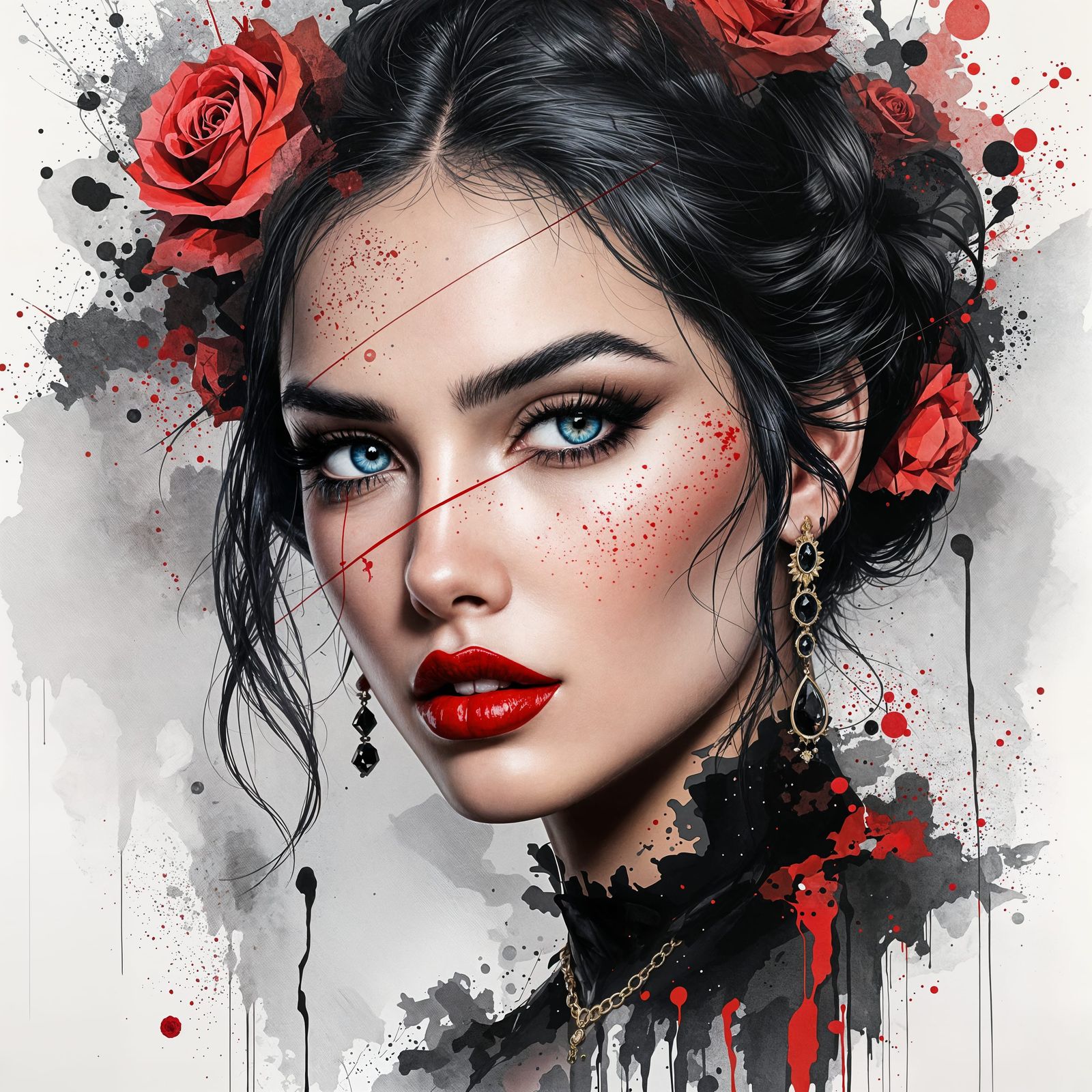 Hyperrealistic Portrait with Abstract Ink Bloom