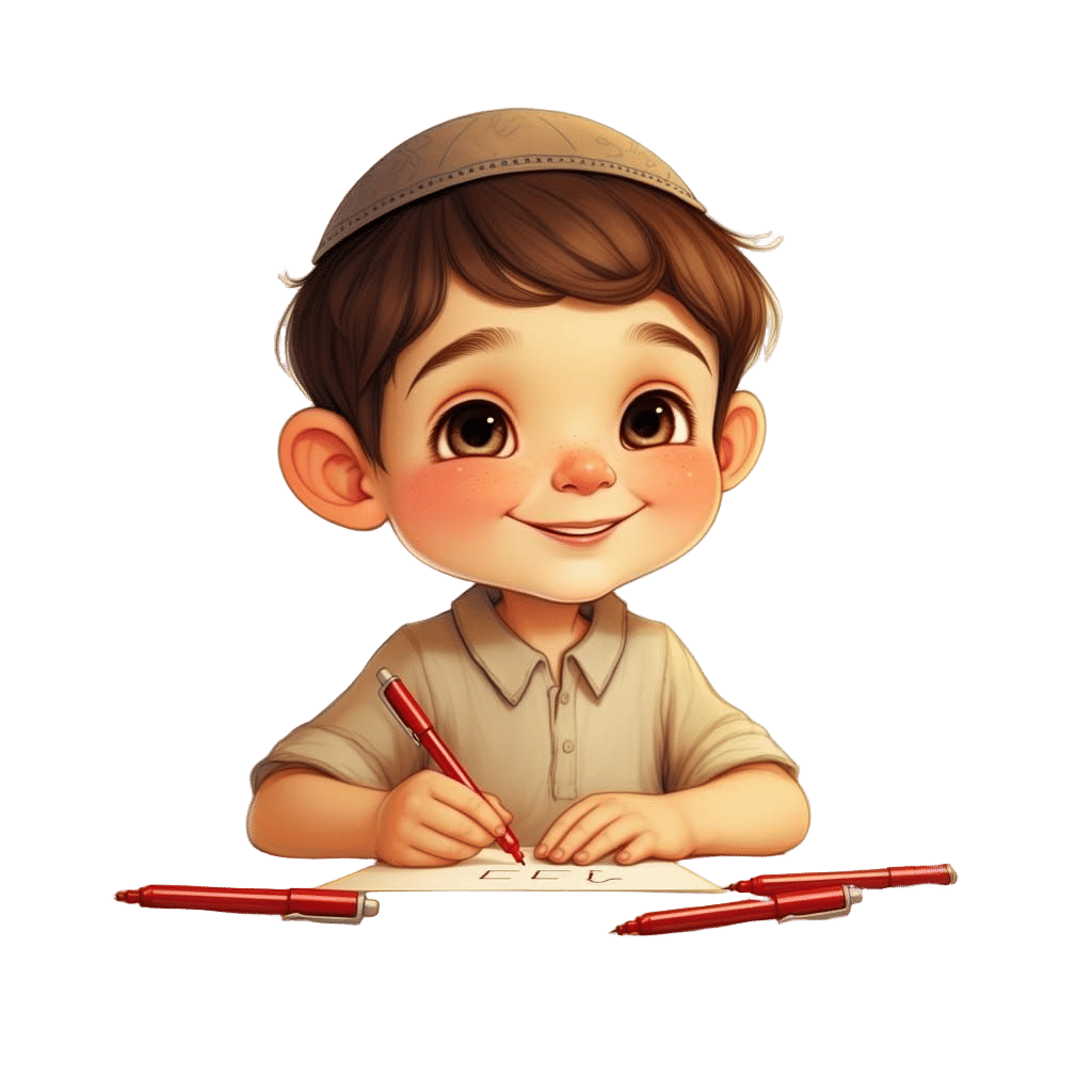 Boy at Yellow Desk Illustration with Red Pens
