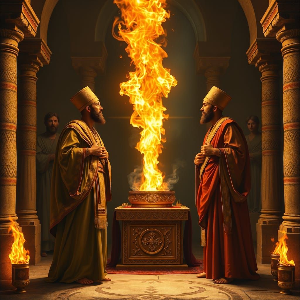 biblical scene depicting the moment Nadab and Abihu, sons of Aaron, offer unauthorized fire before the Lord in the taber...