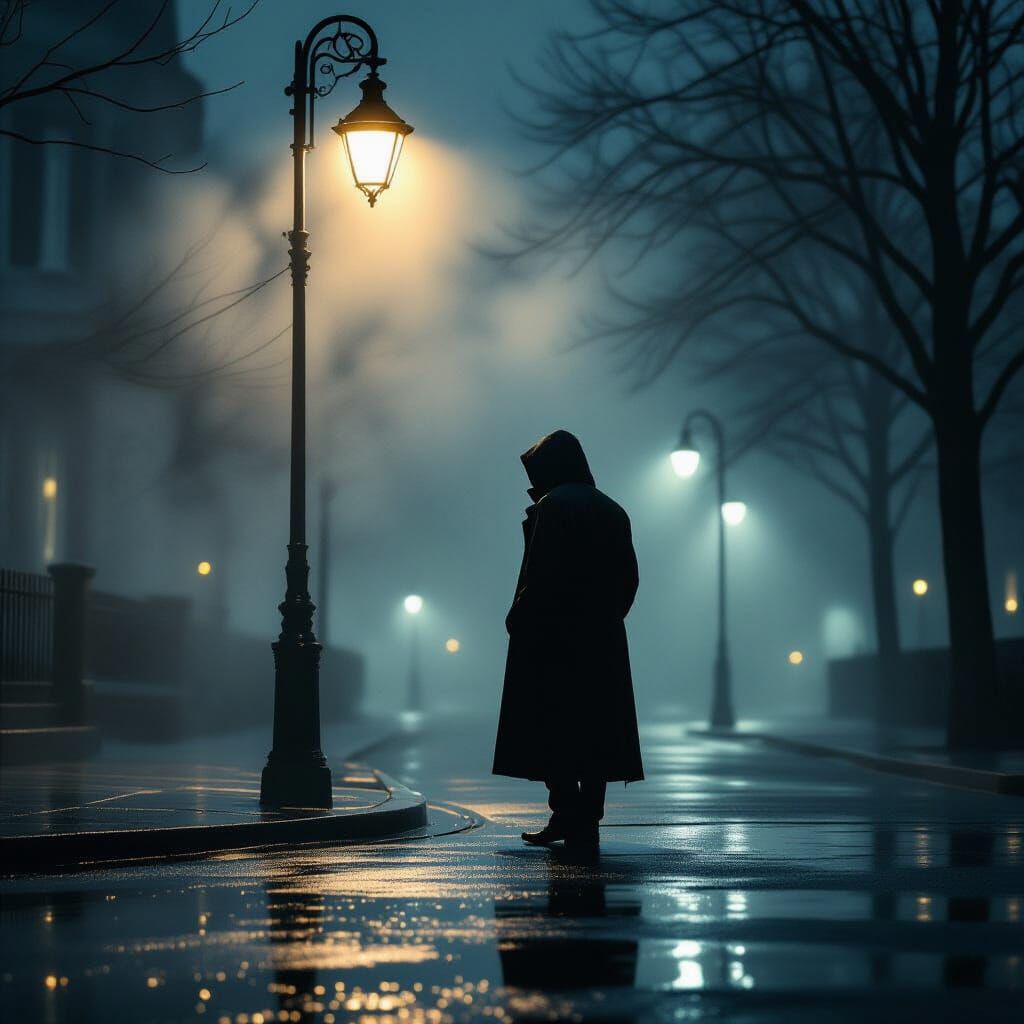 Mysterious Figure in Streetlight Glow: Photorealistic 8k