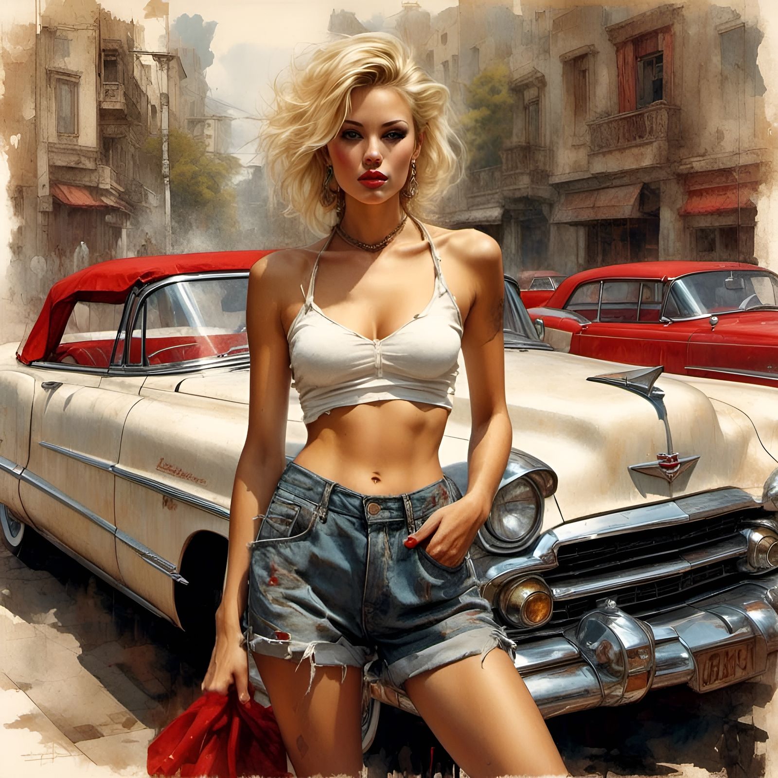 Woman on Cadillac Convertible as Pencil Drawing