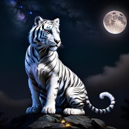Fantasy White Tiger Under Starry Moonlit Sky
