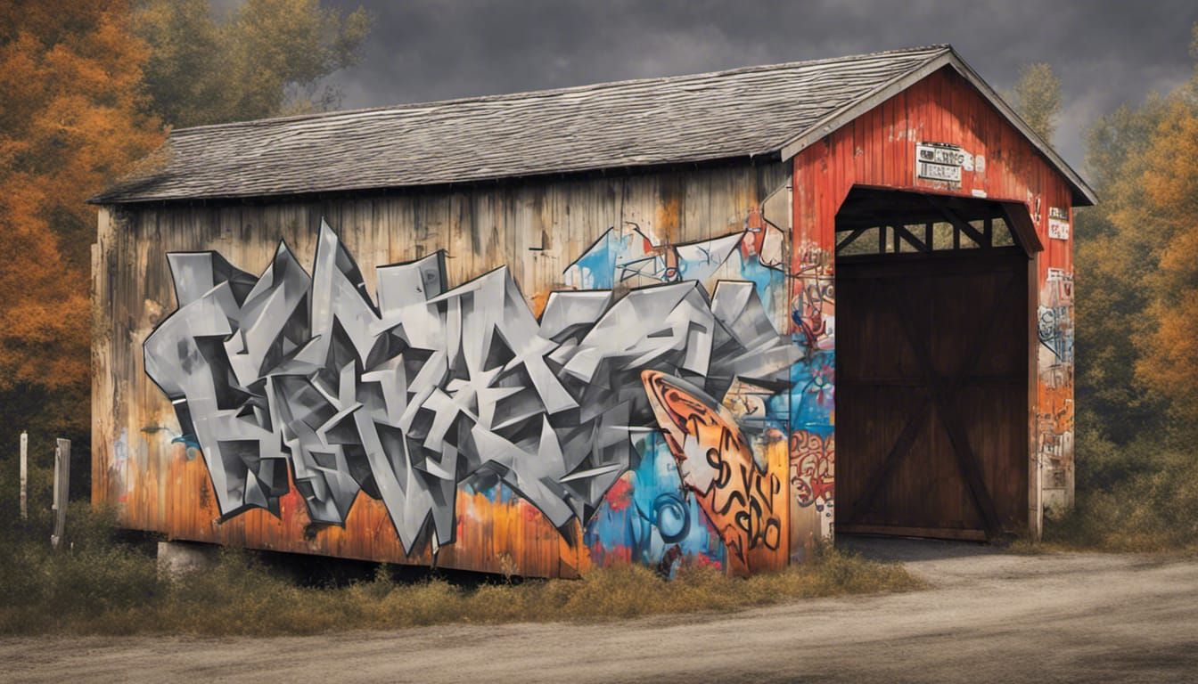Graffiti Art Covered Bridge in Hyper-Realistic Style