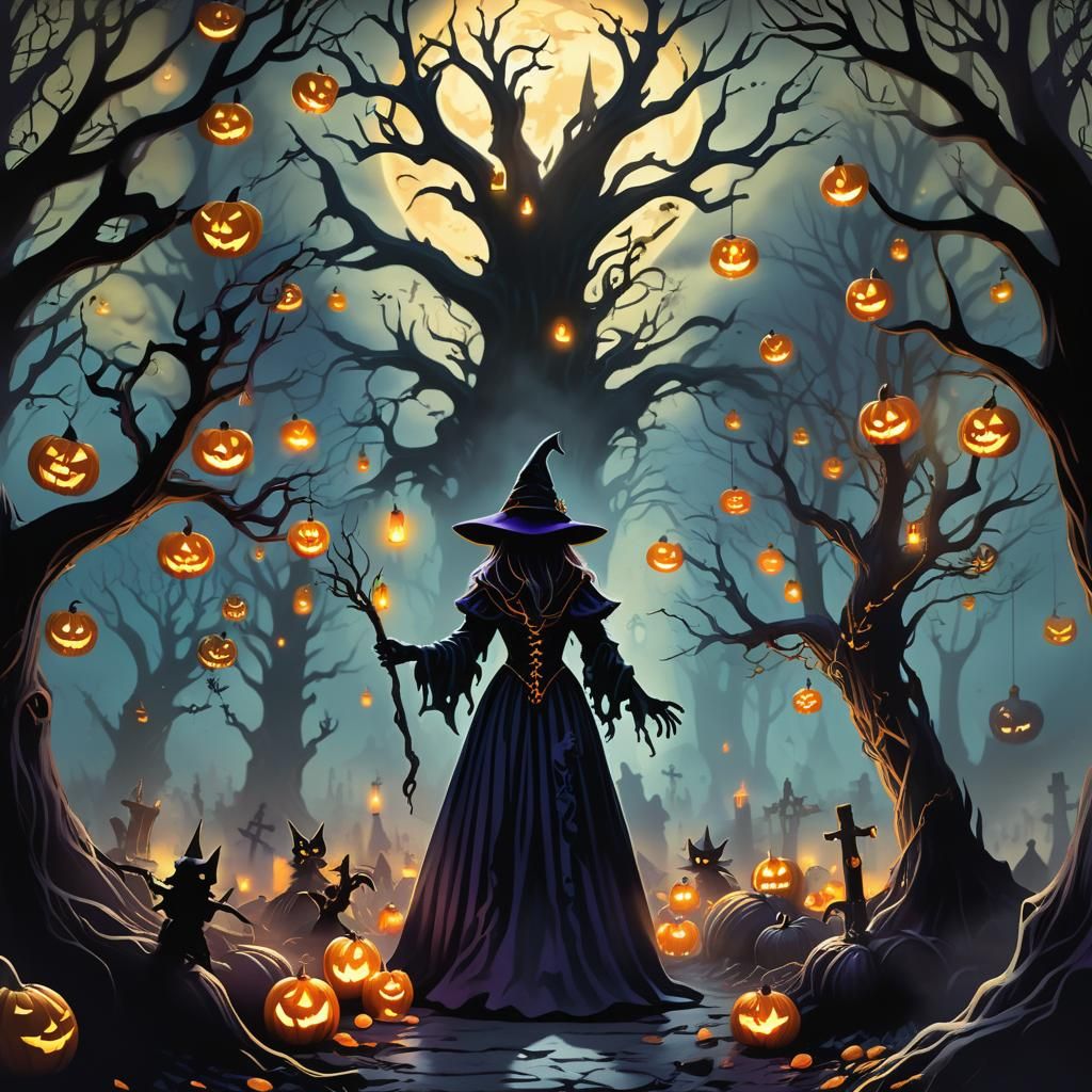 Witchcraft on a Misty Path in Gothic Art Nouveau Style