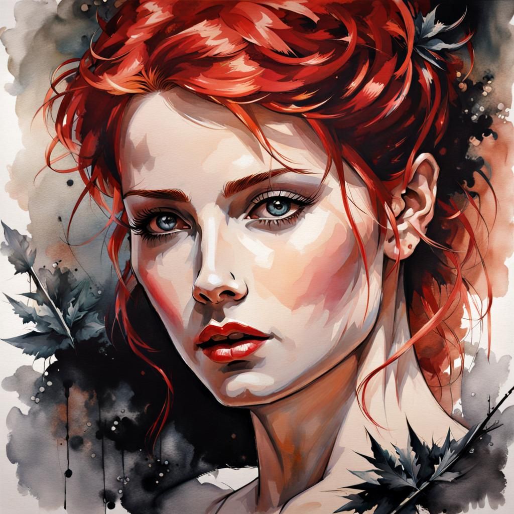 Gothic Sculpture: Red-Haired Beauty in Ink Painting Style