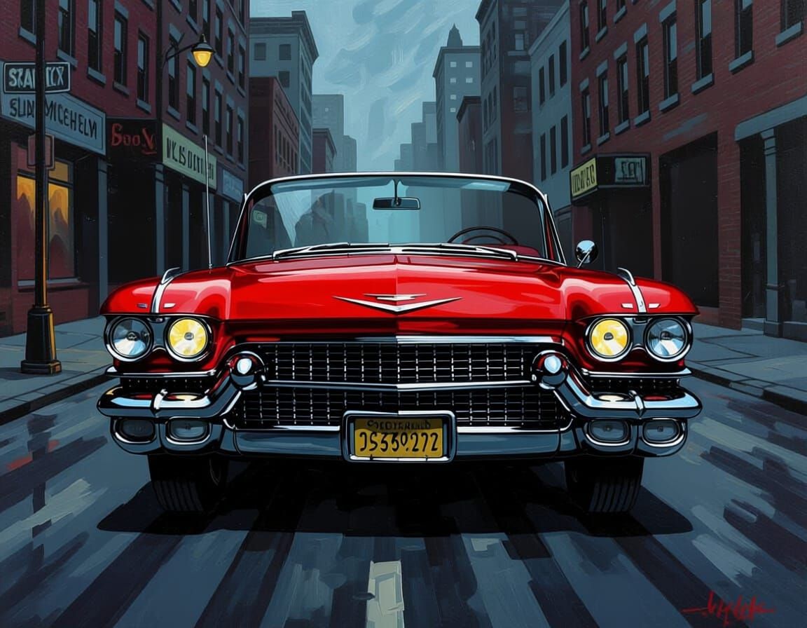 Ominous 1959 Red Cadillac on Grimy City Street