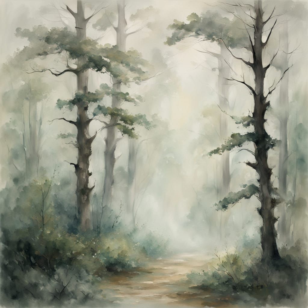 Ethereal Watercolor Forest in Misty Fog