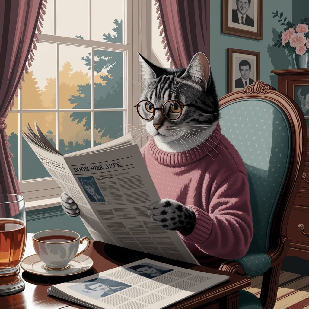 Boomer Cat Reading Newspaper in Nostalgic Illustration