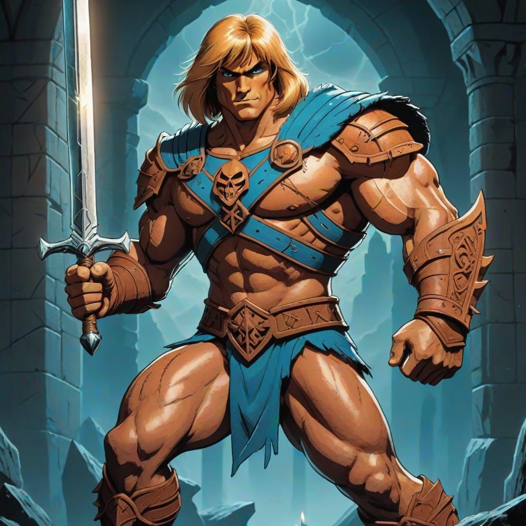 He-Man Wields Sword in Ancient Castle, Ink & Parchment Style