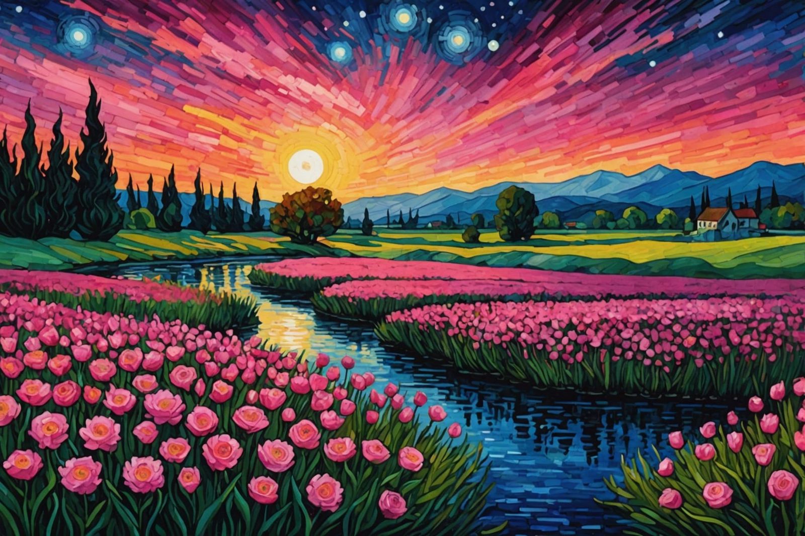 Pink Flowers Field Under Gothic Starry Night