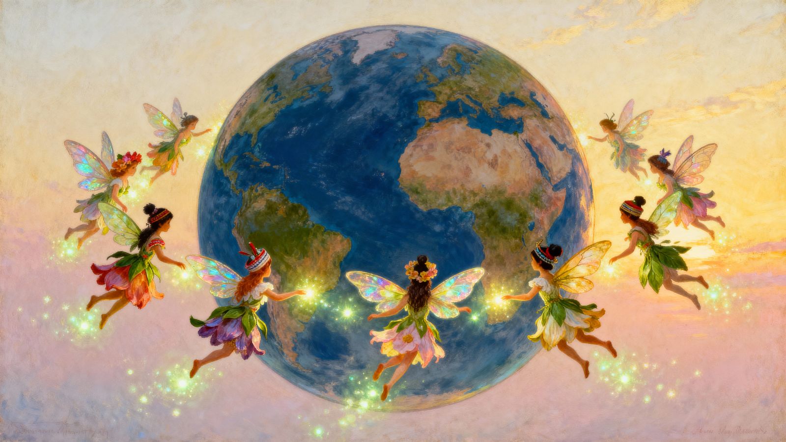 Ethereal Fairies Dancing Around a Glowing World