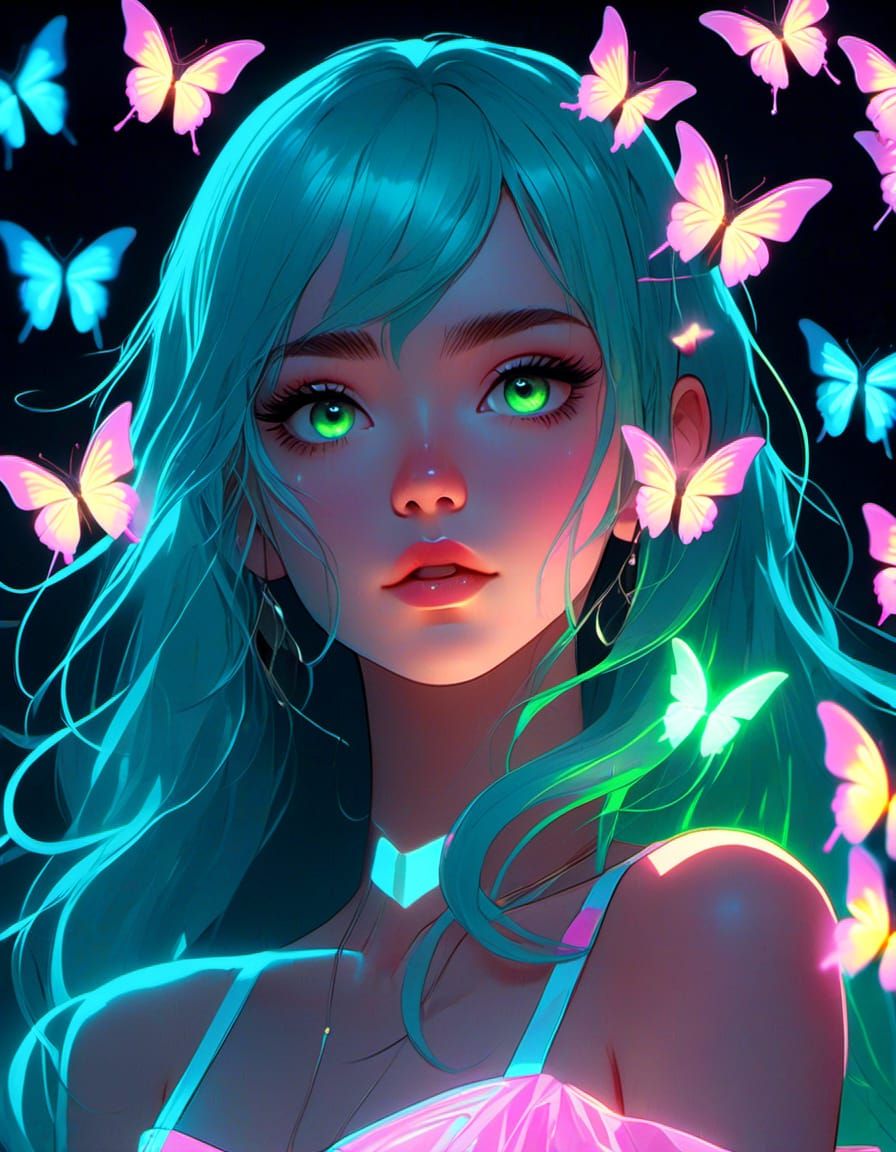 girl with glowing deep green hair and fluorescent glowing bl...