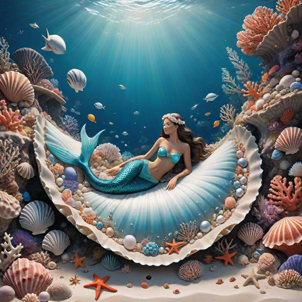 At the bottom of the sea, a giant clamshell is open, and on ...