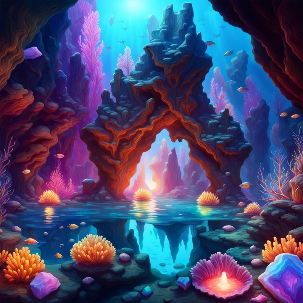 Luminous Underwater Cavern with Crystalline Formations