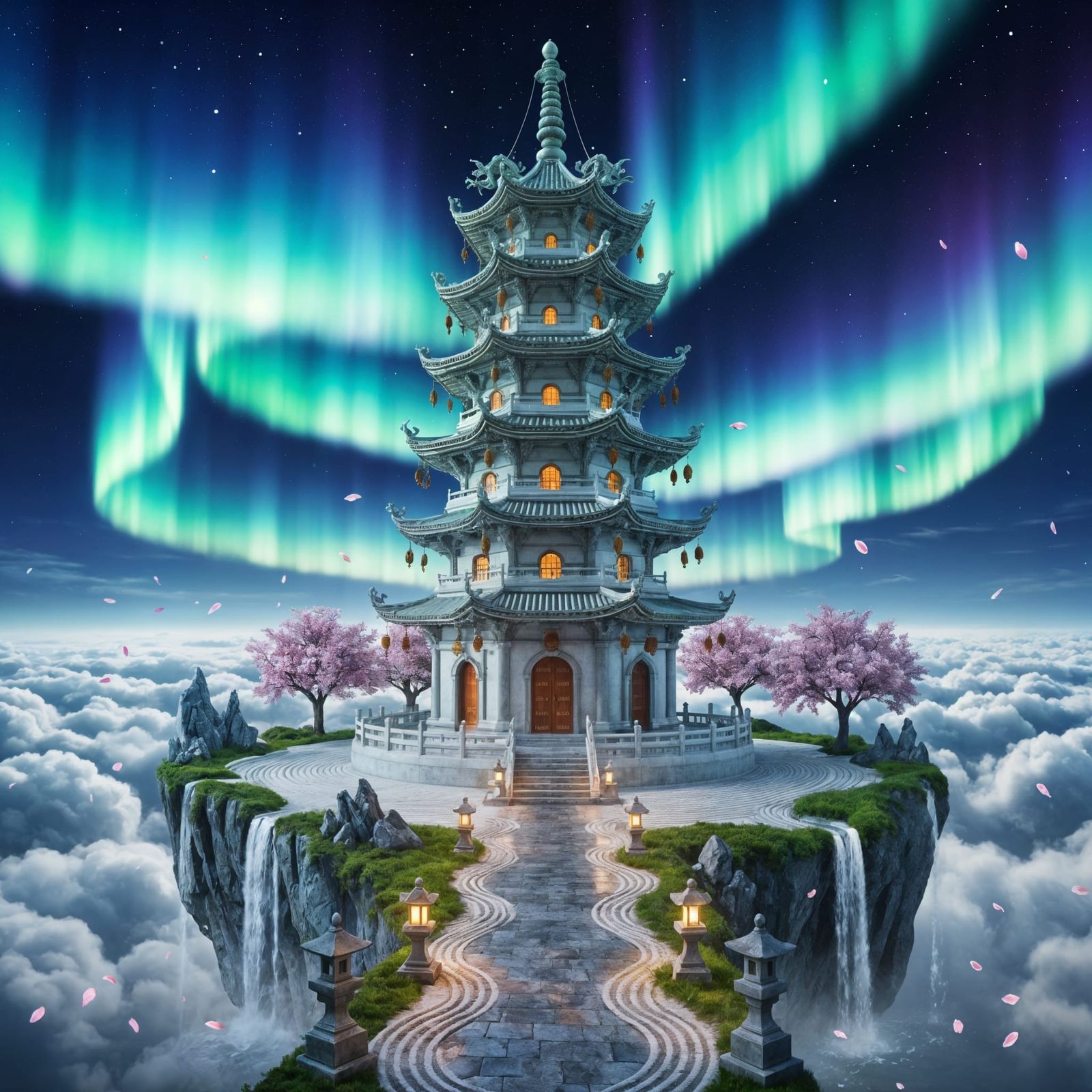Jade Pagoda on Floating Island Under Aurora
