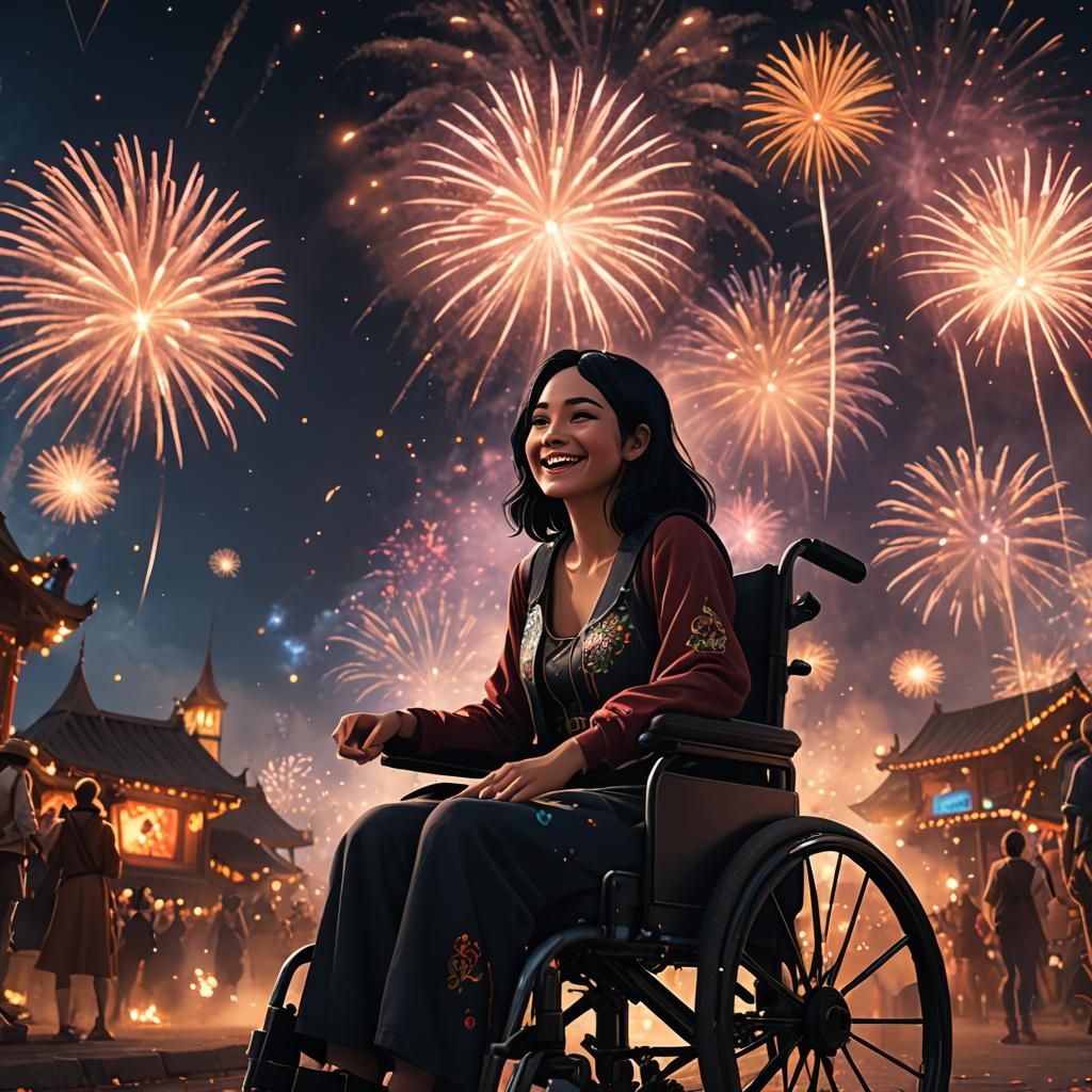 Girl in Wheelchair Enjoys Fireworks Display