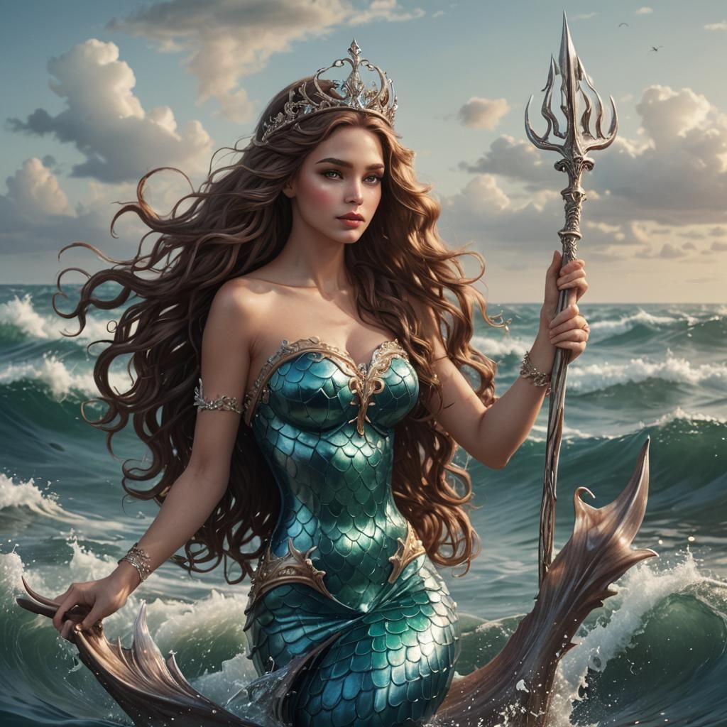 Mermaid Rising from the Sea with Trident
