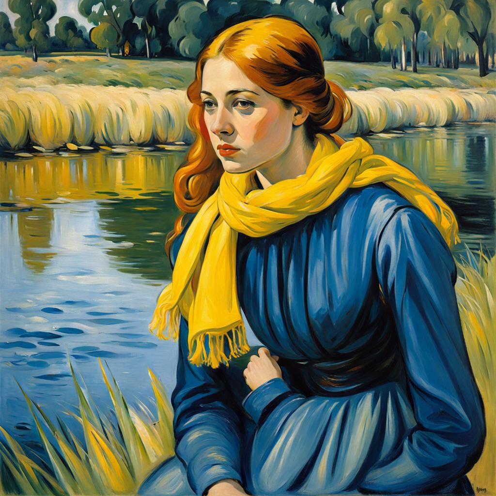 Woman at Riverbank in Expressionist Style