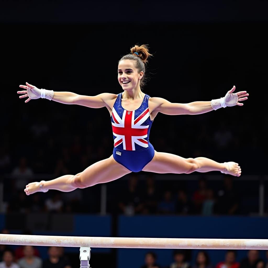 Gymnast in Union Jack Suit on Uneven Bars