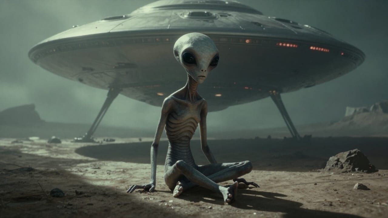 Alien Being by Crashed UFO in Surreal Sci-Fi Art