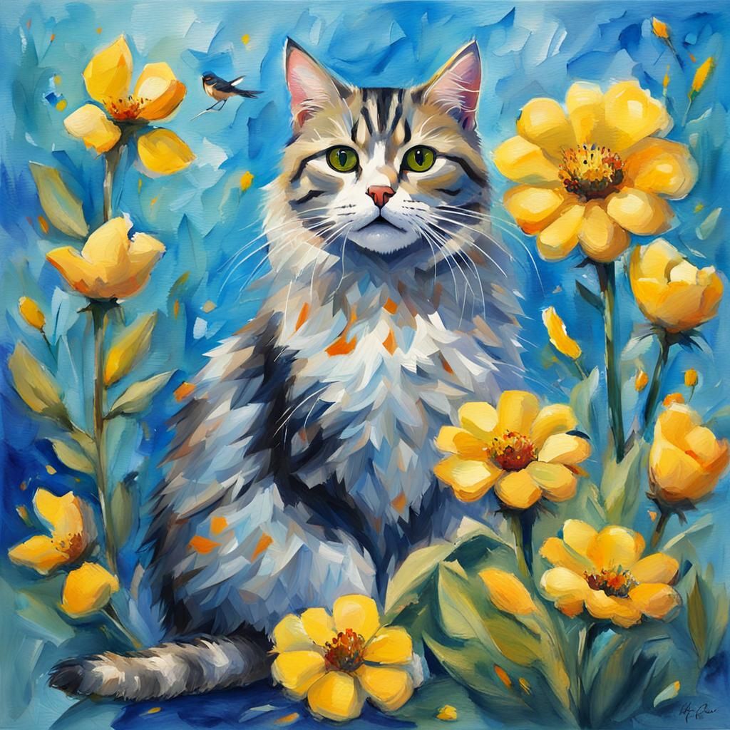 Cat, Sparrow, and Flower in Gouache Style