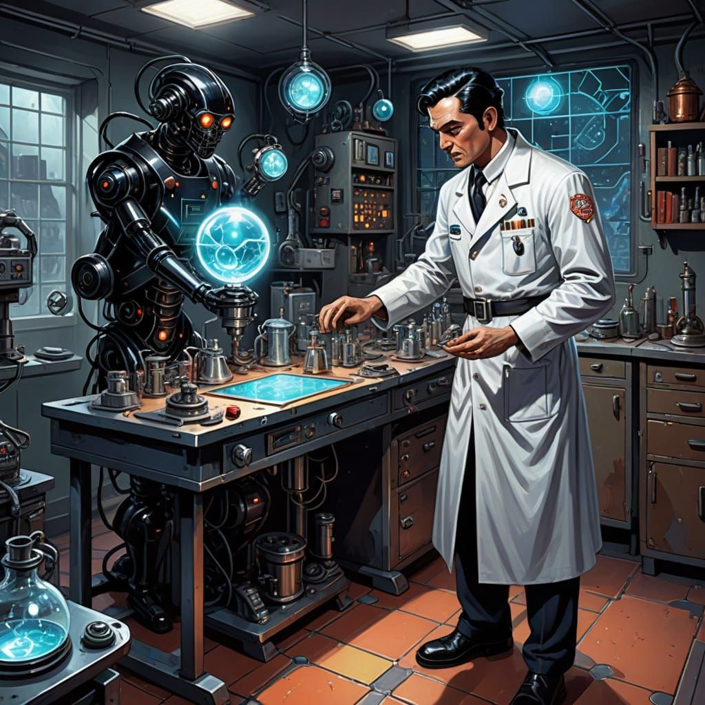 Retro-Futuristic Mad Scientist in Cosmic Lab