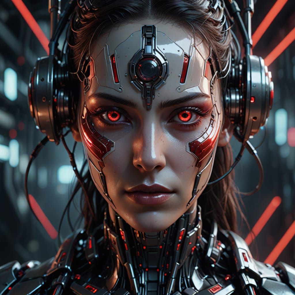Cyberpunk Cyborg Portrait with Red Eye Glow