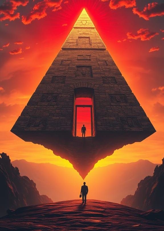Surreal Floating Pyramid Island Fortress at Sunset