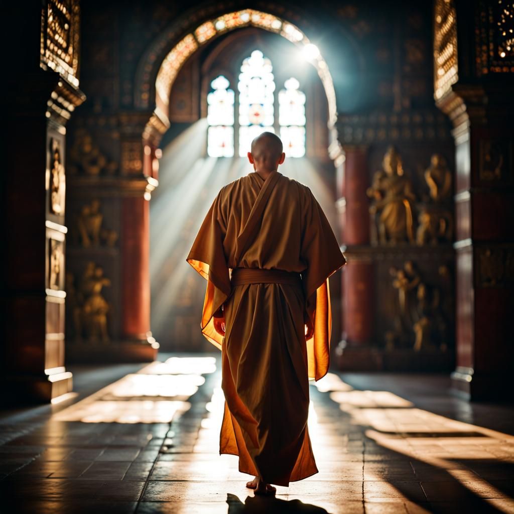 Angelic Monk in Detailed Monastery Environment
