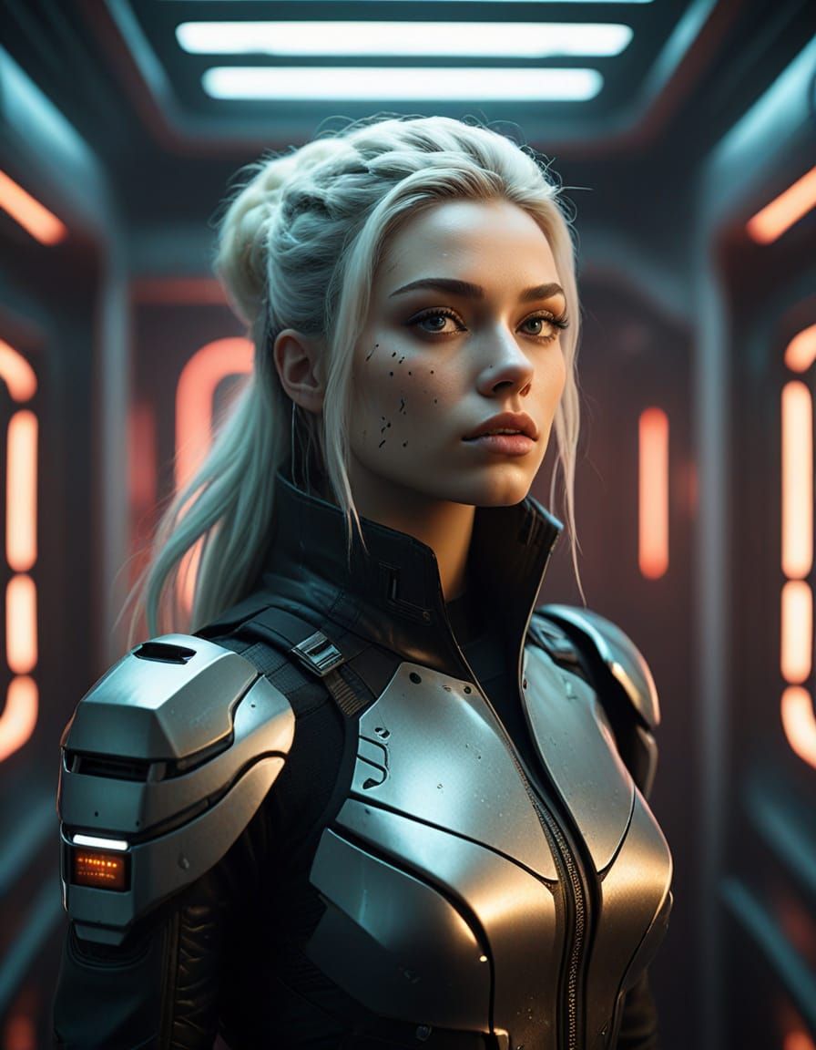 Elegant Woman in Futuristic Room, Cinematic Film Still