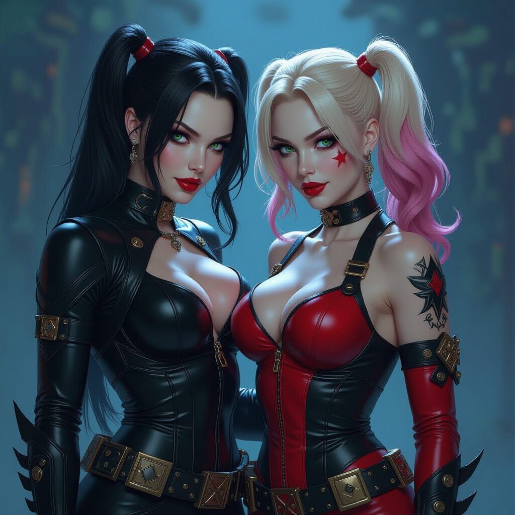 Black Widow and Harley Quinn in Dark Fantasy Style