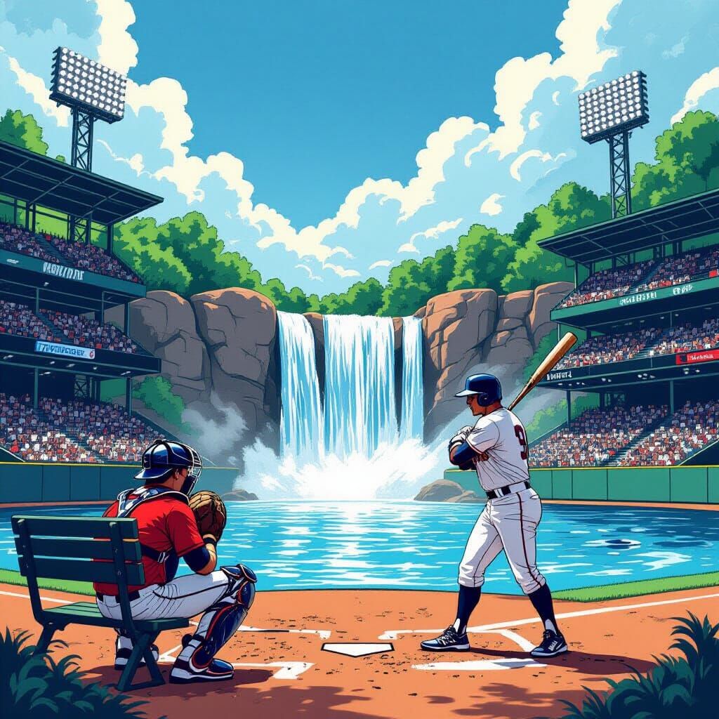 Baseball Game at Waterfall in Comic Book Art Style