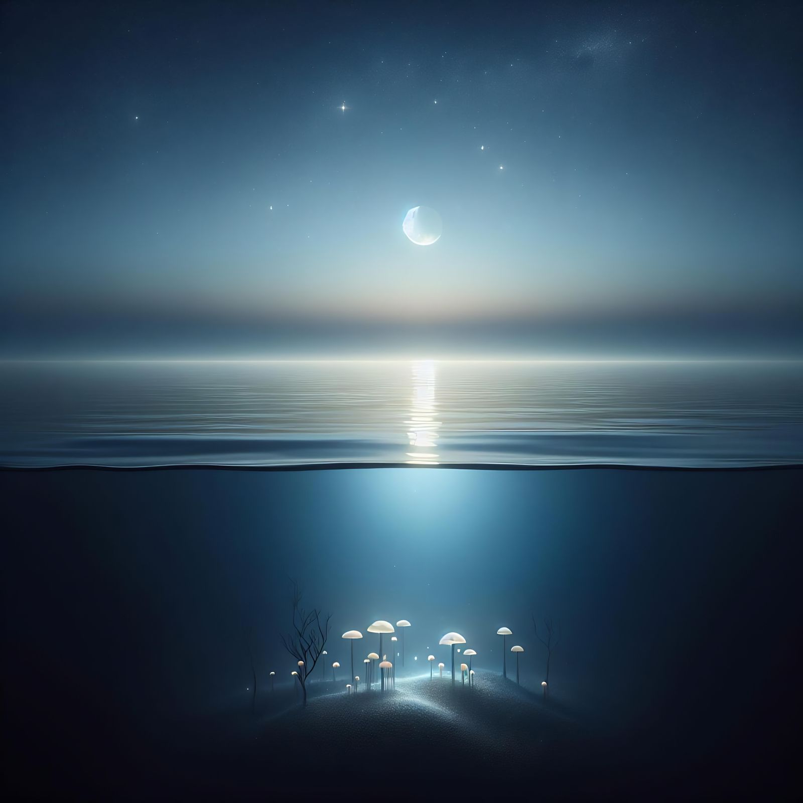 Mystical Ocean and Celestial Reflection with Mushrooms