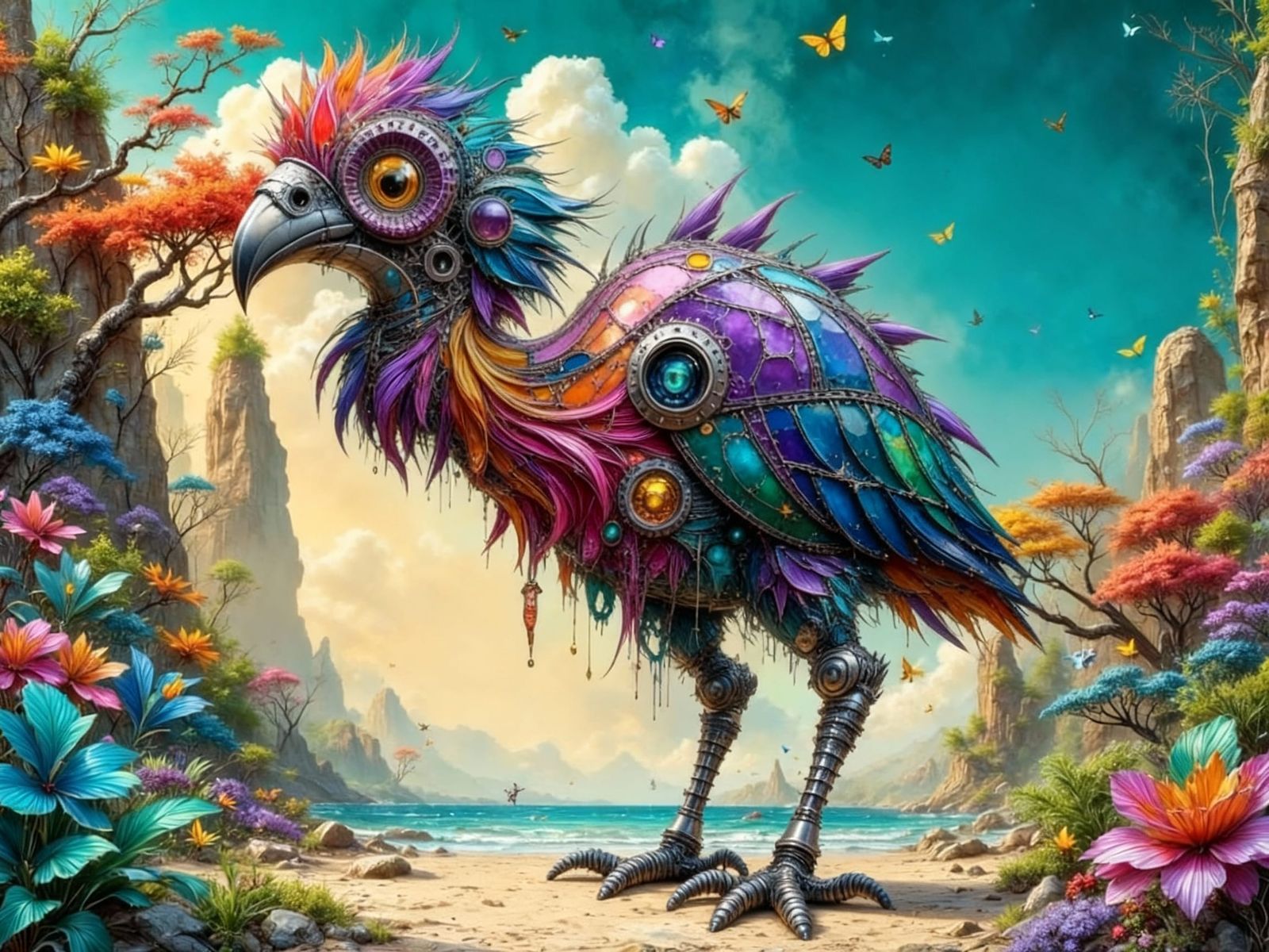 Giant Mechanical Bird Confronts Man in Tropical Attire