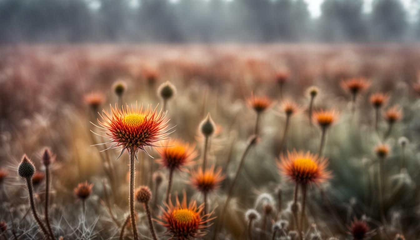 HDR foggy autumn field of Carlina acaulis. faint oddly shape...