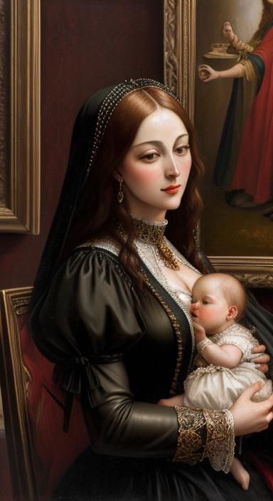 Madonna Breastfeeding in Antique Oil Painting Style