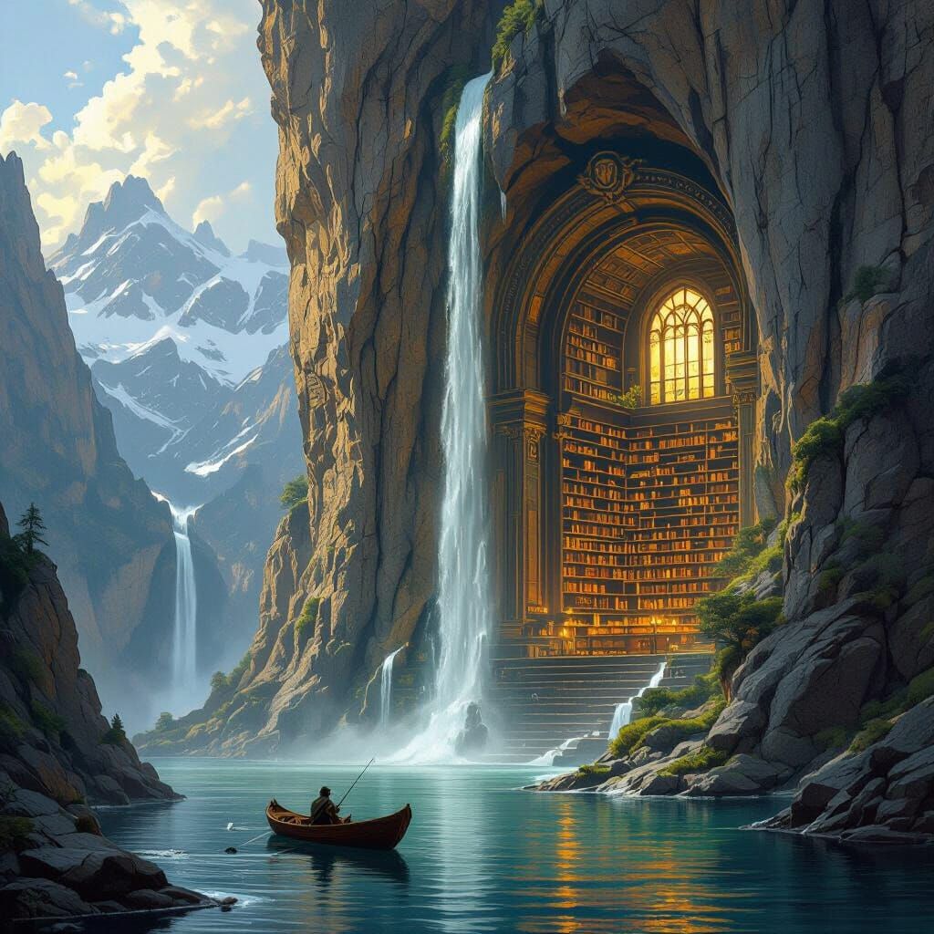 Epic Fantasy Library Carved Into Mountain With Waterfalls