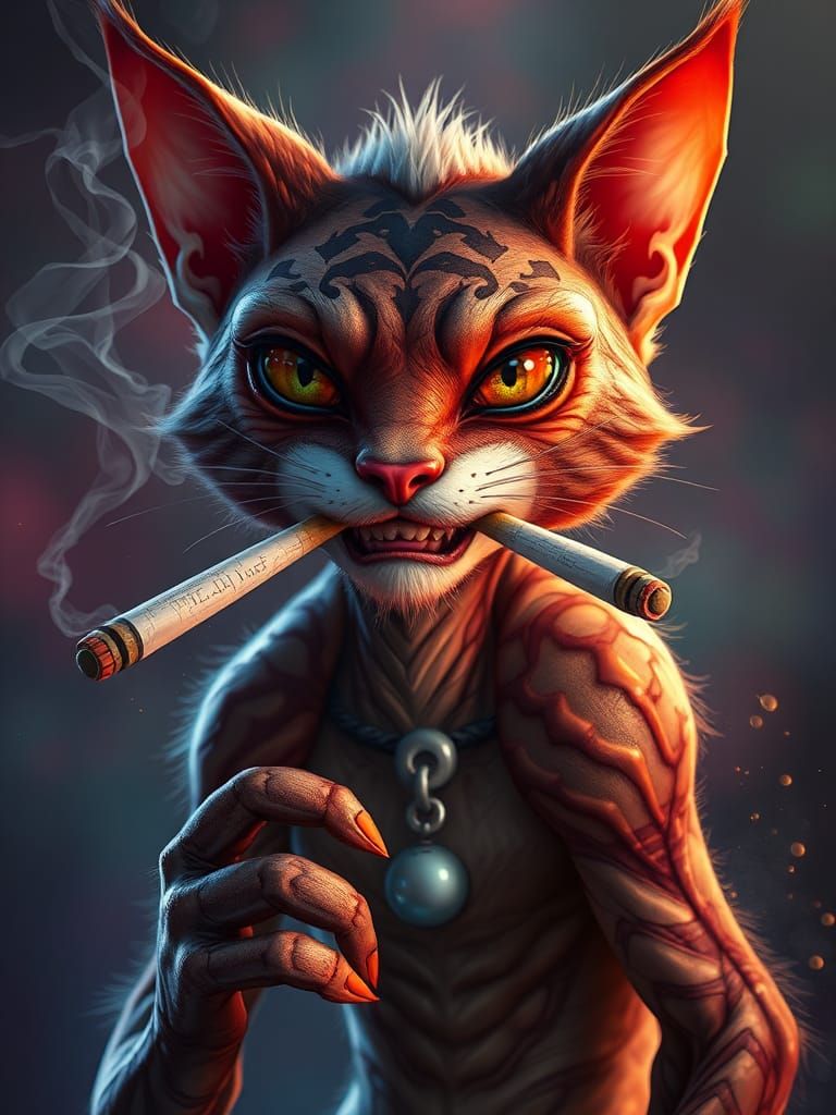 Cat-like Alien Smoker: Hyperrealistic Digital Art