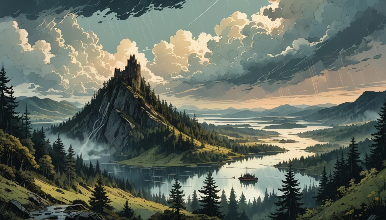 Lake Valley Forest at Dawn in Retro Style