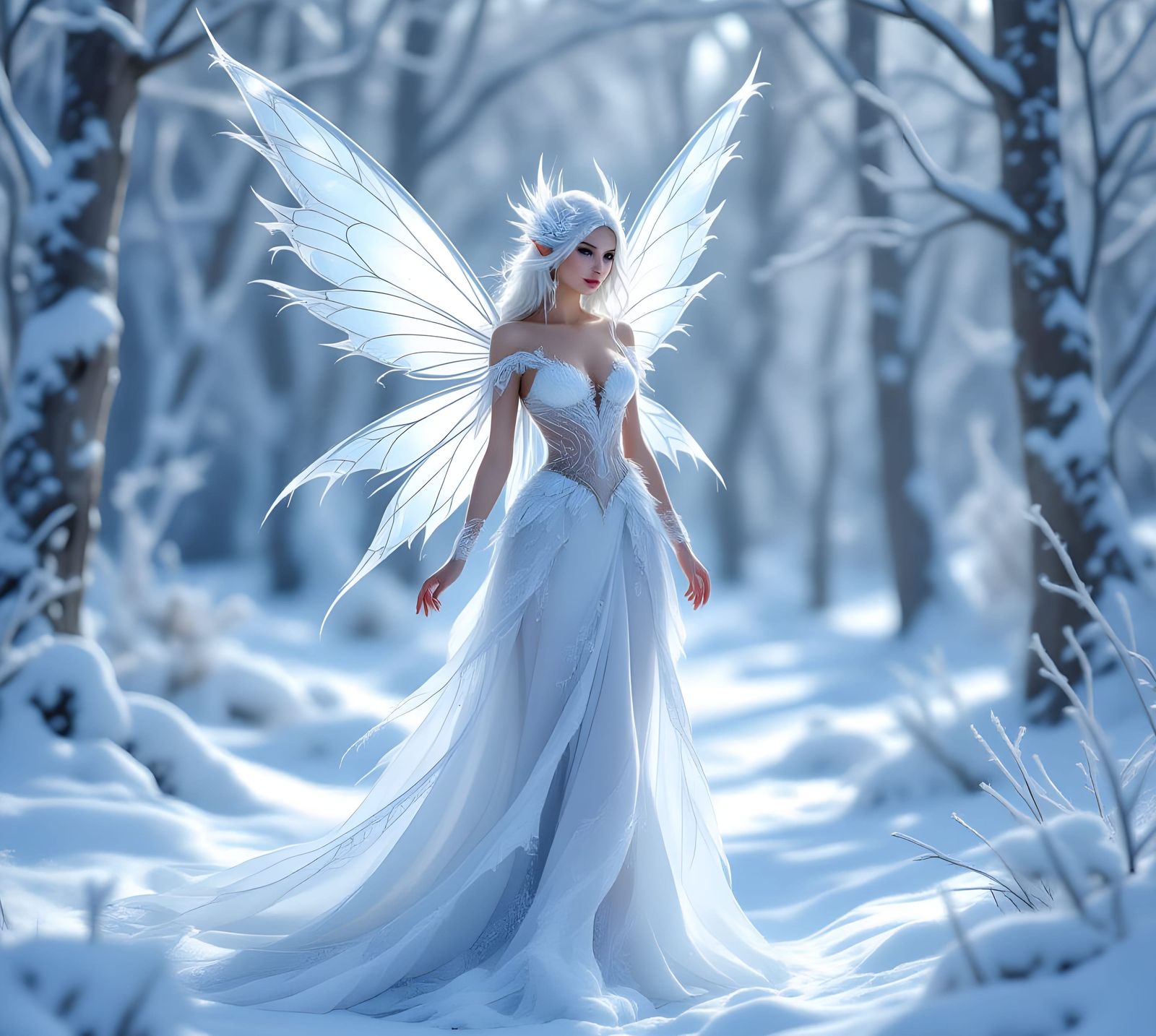 Ice Crystal Fairy in Snowy Forest, Ethereal Digital Art