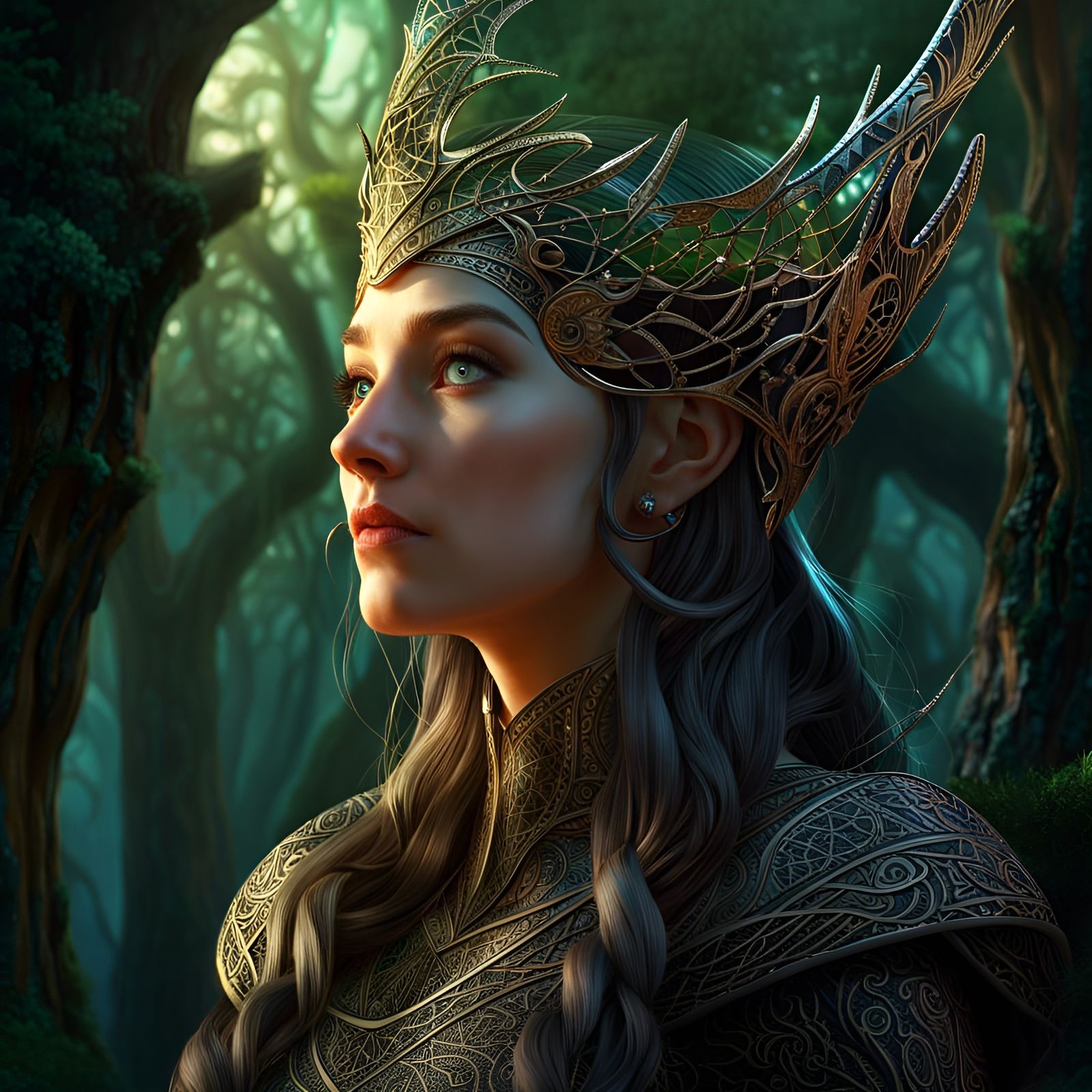 Elven Queen Stares into Horizon: Illuminated Illustration