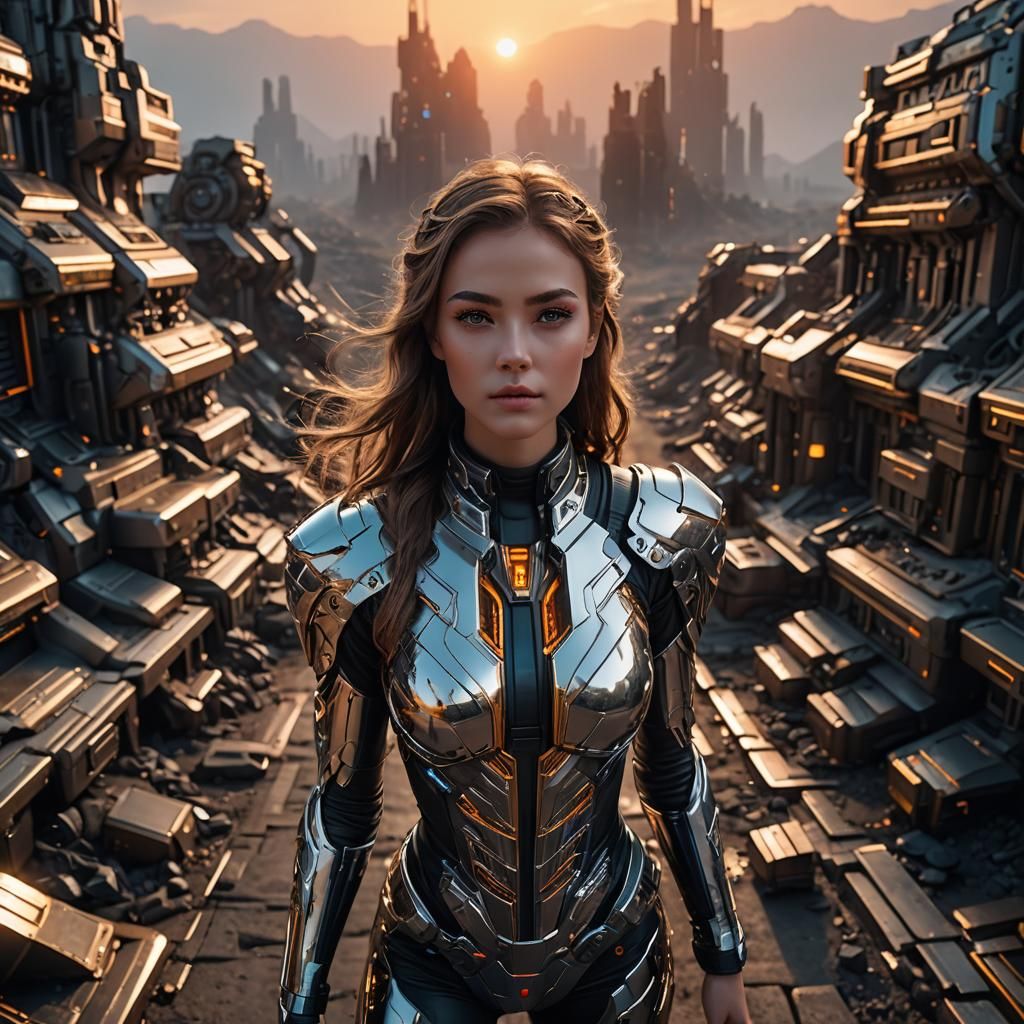 Futuristic Figure with Vibrant Eyes in Sci-Fi Setting