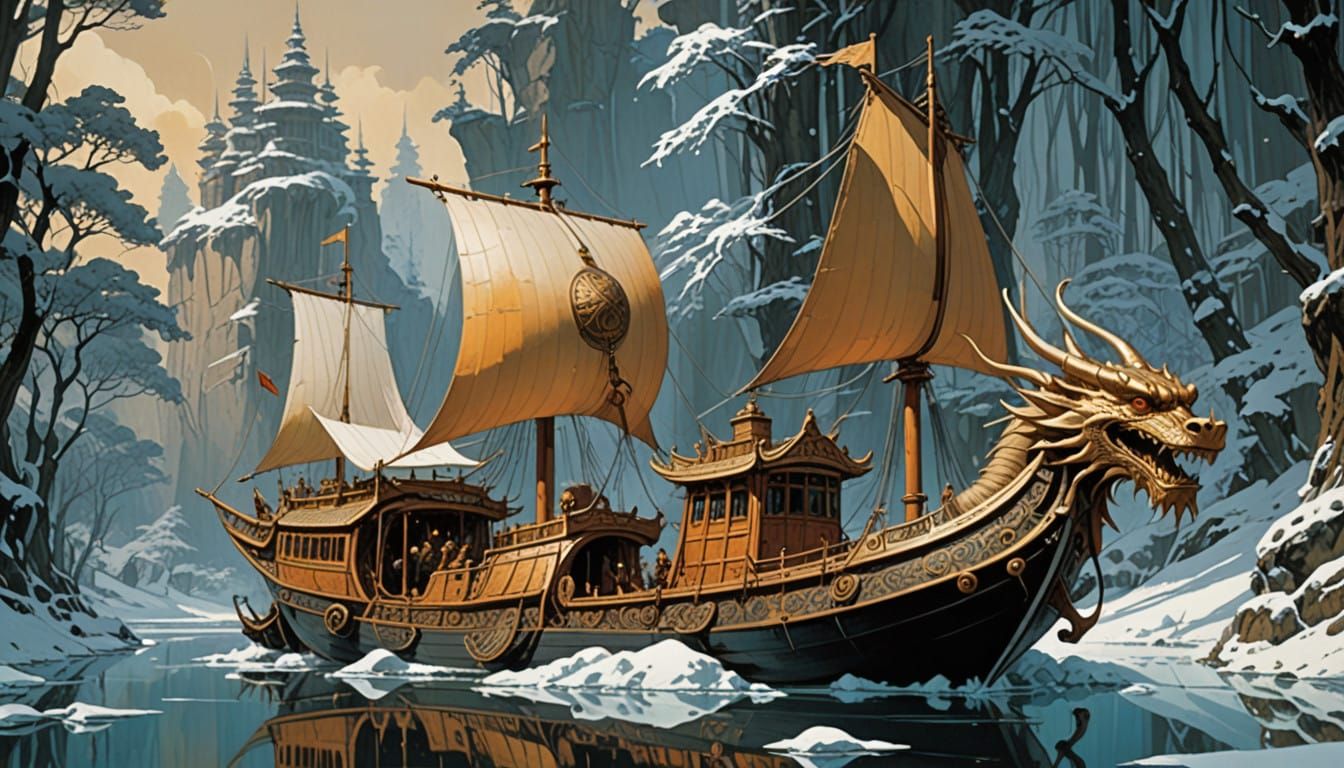 Majestic Chinese Dragon Ship Sails Across Icy Lake in Golden...